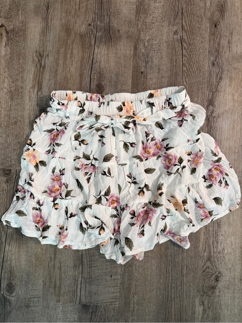 American Eagle Outfitters White Floral Ruffle Shorts with Pink & Yellow Blooms